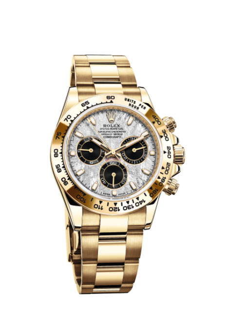 (The meteorite dial collection also comes in yellow gold, with an oyster bracelet, and a metal bezel. Source: Rolex).