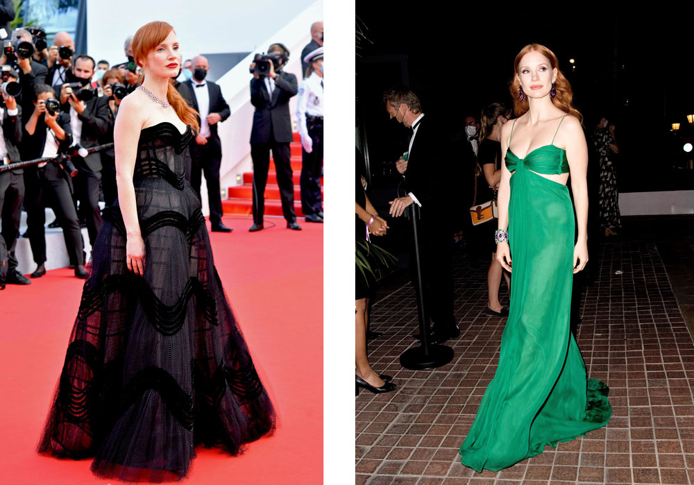 Jessica Chastain set pulses racing and was the embodiment of old-school glamour in a black, corseted, strapless gown by Christian Dior Haute Couture - naturally paired with nearly 200 carats worth of Chopard rubies. Chastain was also seen in a cut-out Valentino gown - confirming that emerald green is in fact, her colour.