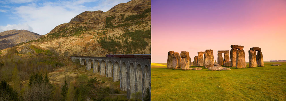 Left: Belmond’s Royal Scotsman steaming across the stunning Scottish highlands in spectacularly OTT style! Recognise this iconic bridge from Harry Potter? Right: the legendary Stone Henge - a symbol of England’s history and as much as mystery as ever!