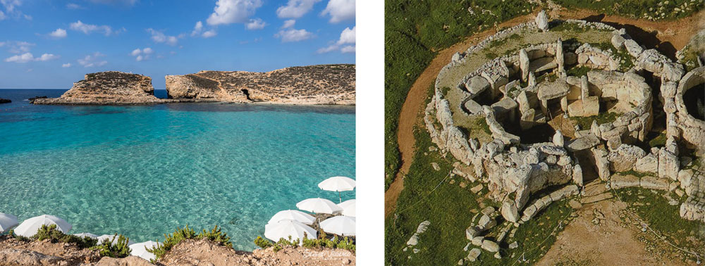 The Blue Lagoon, Comino Island with crystal clear, blue water and the extraordinary Ggantija Temples from above.