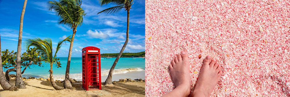 Quaintly English - snap a photo In Dickensen Bay beside a bright red telephone booth. A close-up of Pink Sand Beach on Barbuda - created by crushed red and pink coral and shells