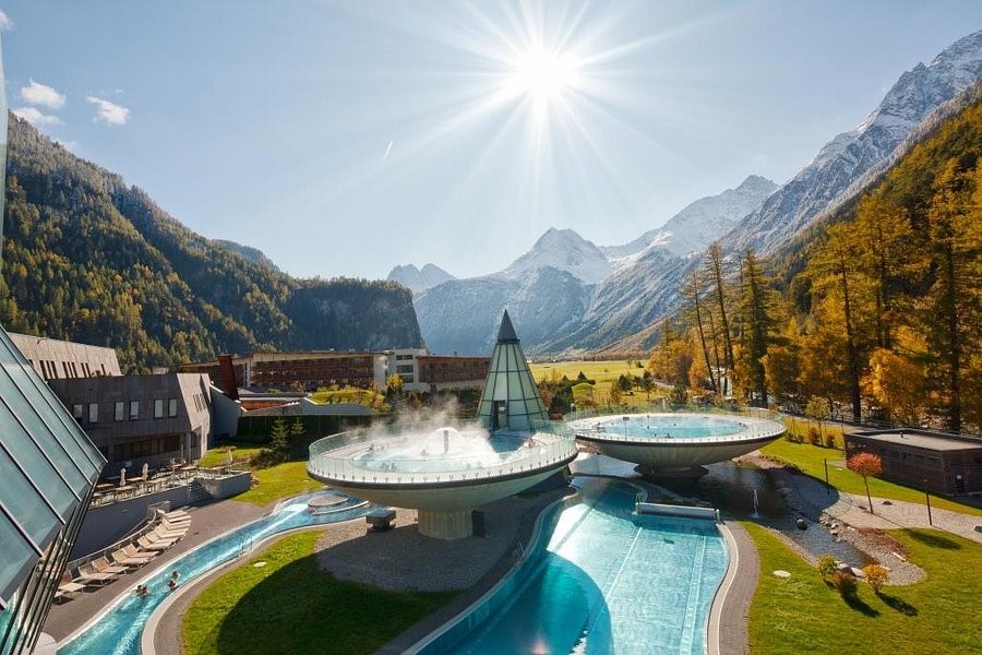 For an unforgettable experience, stay at the famous Aqua Dome Hotel nestled in the breath-taking nature of the Ötzal valley, surrounded by the majestic mountains.