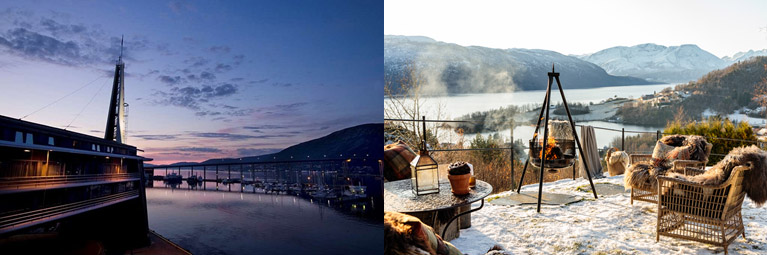 The left image shows The Scandic Ishavshotel - a modernist, maritime hotel, set right in the heart of the Northern Lights oval in Tromso. Making it ideal for spotting the Northern Lights and experiencing the midnight sun in the summer. The right image shows The Storfjord Hotel - a fabulous hotel for those wishing to make the most of the region, whilst not having to sacrifice on comfort and style. One can experience the marvellous views from the comfort of their own hot tub or sauna. Hiking, kayaking, horse-riding and boating in and around the crystal clear water is a must! And for those wanting some down time, there is even an onsite spa. 